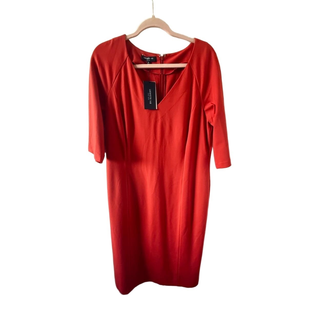 Nwt Lafayette 148 Dress Womens 16 Red Midi Vneck Zipper Back Modern Elegant